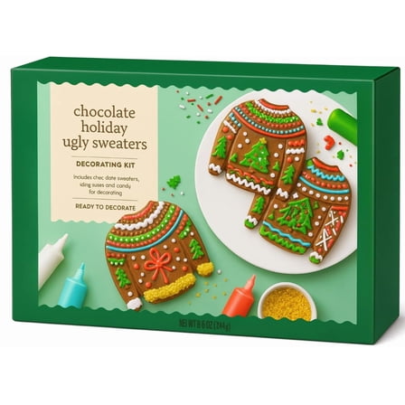 Holiday Chocolate Ugly Sweater Decorating Kit, Milk Chocolate with Icing Tubes, Candy Sprinkles, Gold Sugar, DIY Christmas Cookie Kit, 8.6 oz