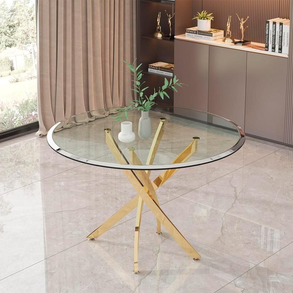 Heavenly Collection Table à Manger Ronde en Verre avec Pieds Or pour Cuisine et Salle à Manger, 48"