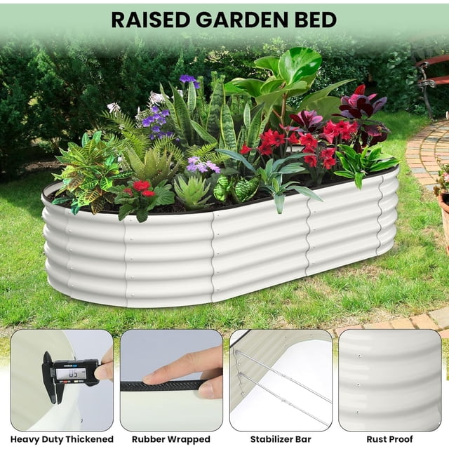 Royalbelle Raised Garden Bed, 2PC Oval Galvanized Metal Planter with Open-Ended Base, 6x3x1 FT, Beige