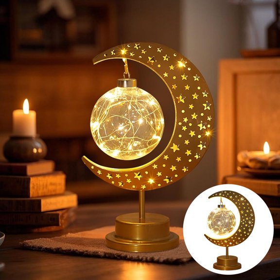EcoNest LED Decorative Moon Light Metal Moon Star Light Powered By Battery Desk Lamp Desk Decorative Light Suitable For Home Bedroom Warm Color For Home Party Wedding Dining Easter