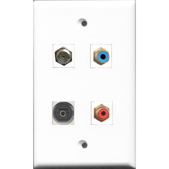 RiteAV 1 Port RCA White and 1 Port RCA Yellow and 1 Port Coax Cable TV- F-Type and 1 Port Toslink Wall Plate
