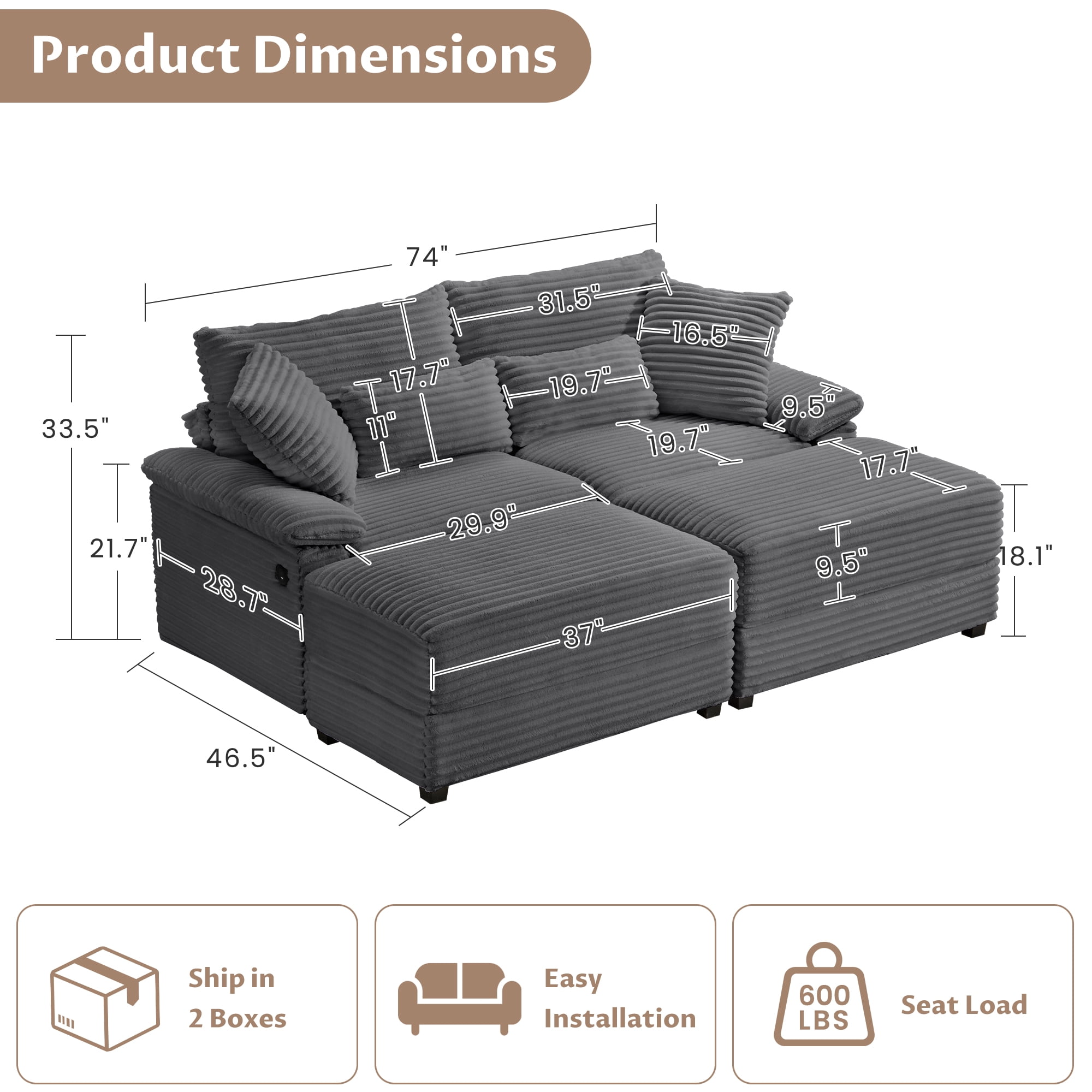 Alvantor 74" Sofa Loveseat with Reversible Ottoman & USB Port Corduroy Chaise Couch for Living Room Drak Gray