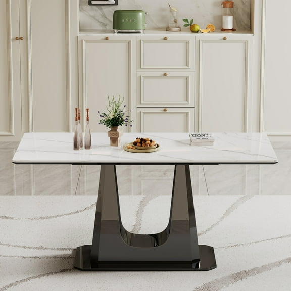 Modern 0.47" Thick Sintered Stone Composite Tempered Glass Top Rectangular Dining Table with Black Stainless Steel Base, for Living Room