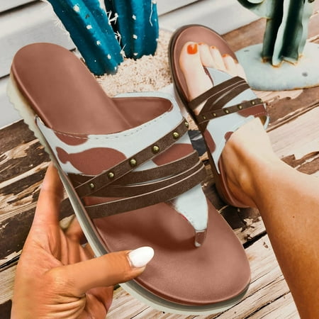 

Daznico Slippers for Women Summer Women Slippers Flip Flops Flat Bottom Lightweight Cow Pattern Casual Comfortable Beige 10