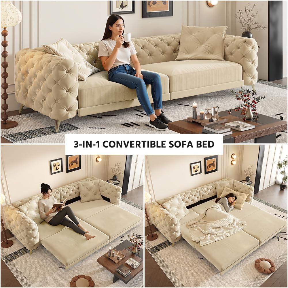 97.7'' Pull Out Sofa Bed King, Chesterfield Velvet Sleeper Sofa, Convertible L-Shaped Futon Couch, Tufted Back, Ottoman, Deep Seat Loveseat Couches for Living Room, Apartment, Honey Beige