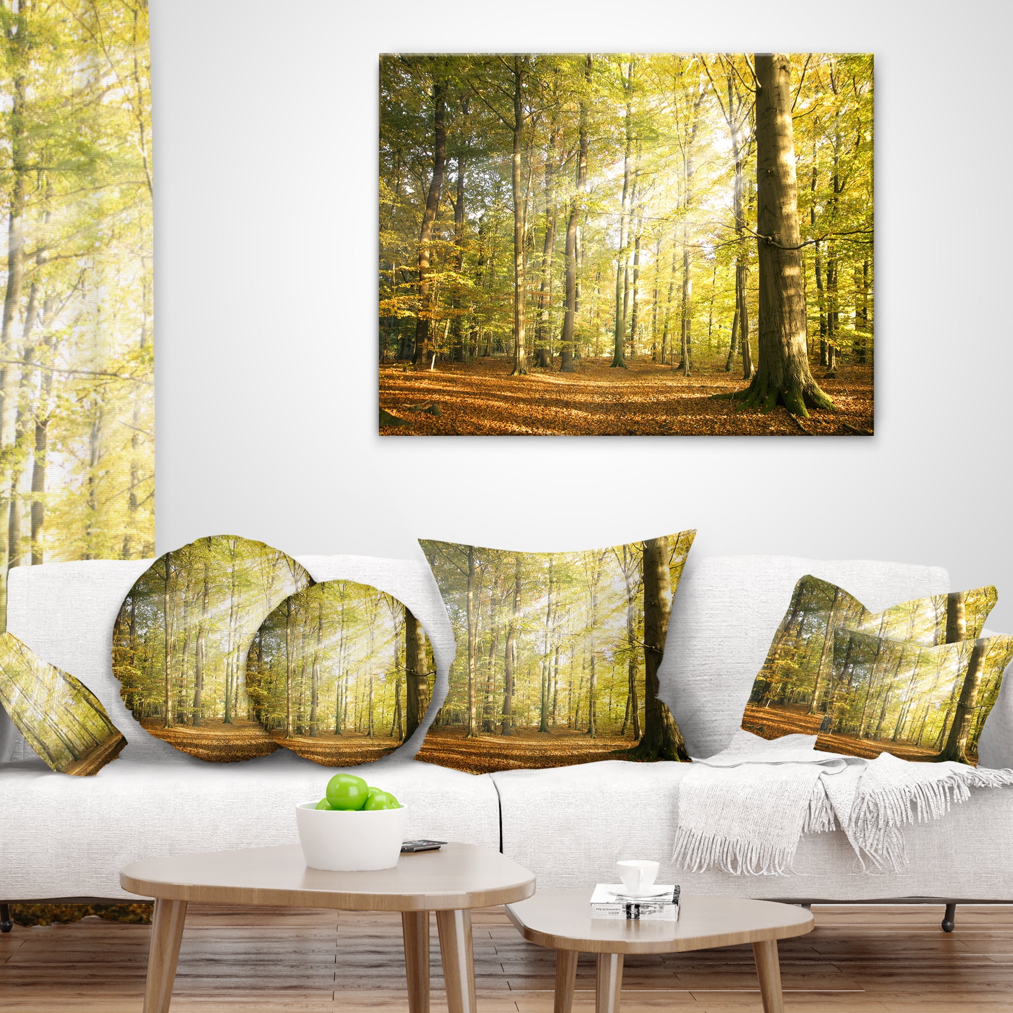 Designart Sun Rays Hitting Forest - Landscape Photography Throw Pillow - 12x20