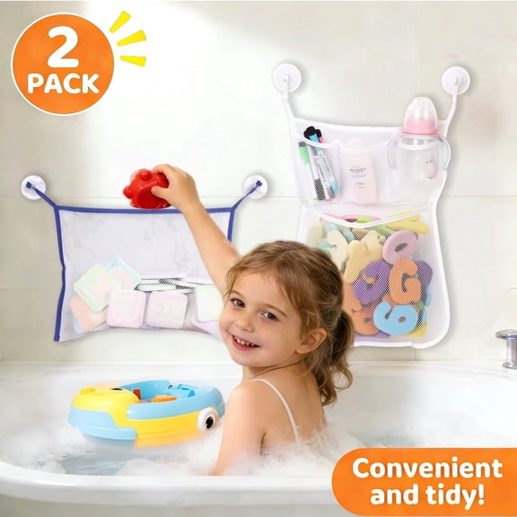 Asunby Bath Toy Storage for Bathtub – 2 Pack Hanging Bath Toy Organizer with Adhesive Hooks, Quick-Dry Hanging Bathroom Bag with 2 Strong Suction Cups, 2 Adhesive Hooks, Toy Holder For Tub & Shower