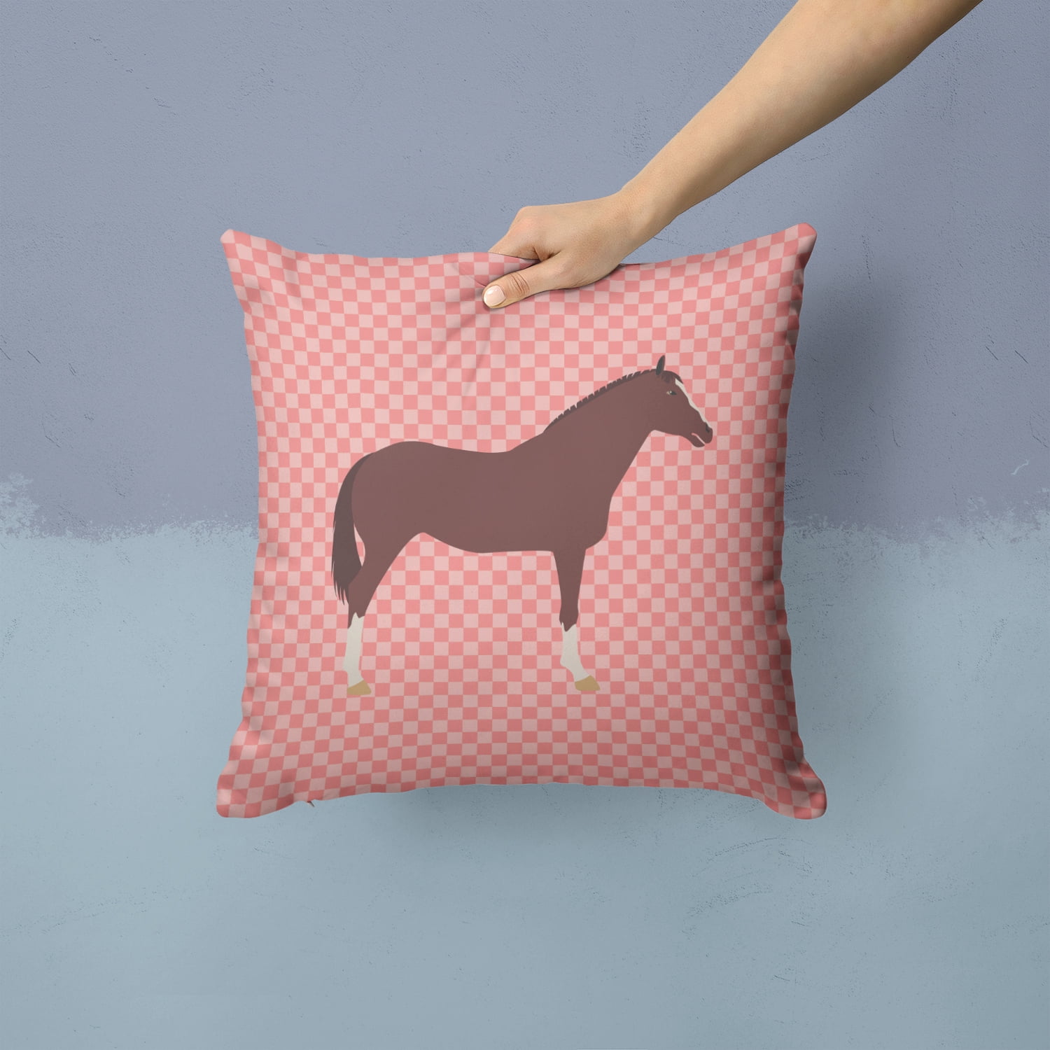 English Thoroughbred Horse Pink Check Fabric Decorative Pillow