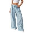 thumbnail image 3 of Women Drawstring Striped Pants Loose Wide Leg Trousers Casual Low Waist Pants Comfy Lounge Pants with Pockets Blue S, 3 of 9