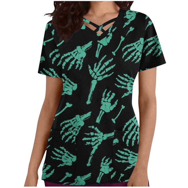 Tops Cortos para las Mujeres, Halloween Impreso en Cuello en V con Bolsillo, Moda Casual Manga Corta