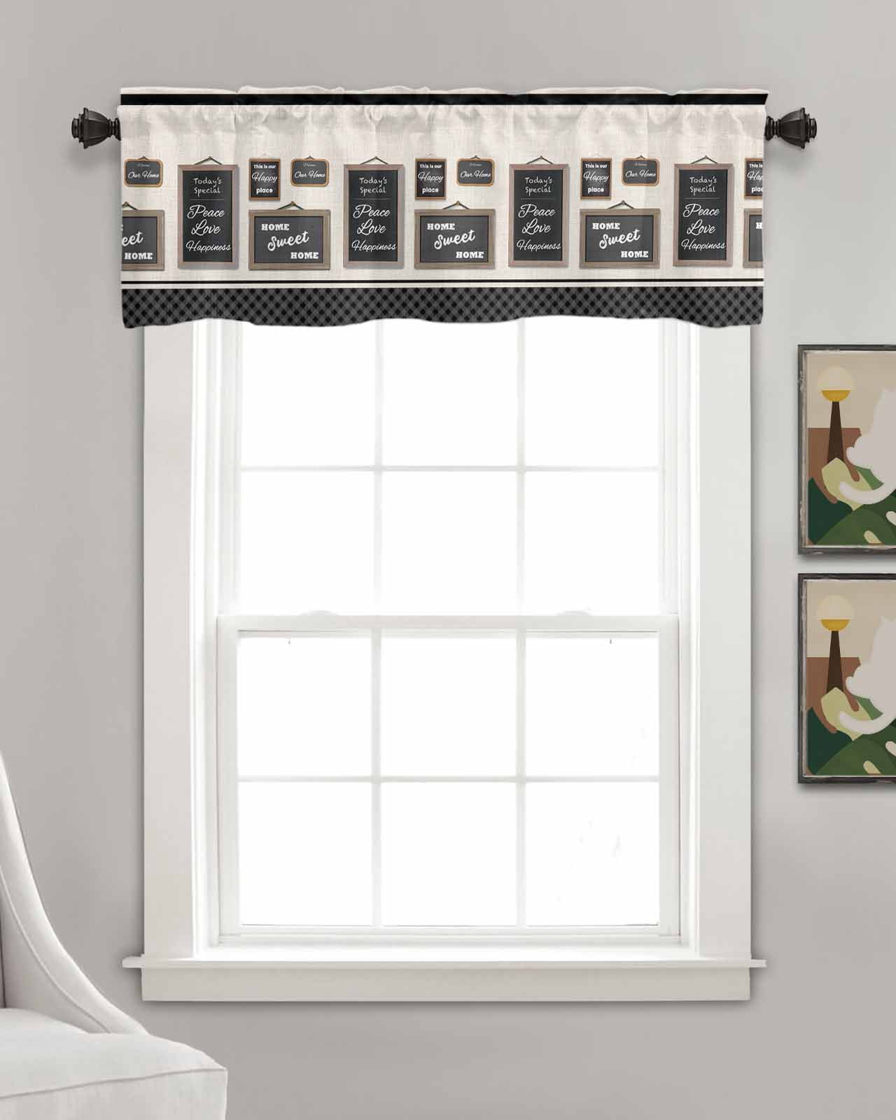 Black Linen Curtain Valance for Bedroom/Bathroom/Kitchen/Office/Living/Dining Room Window,Family Motivational Words Beige Lattice Pocket Topper Drapes Decorative Cafe Drapery Panel 54"x18"