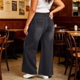 thumbnail image 7 of Women's Pull On Stretch Wide Leg Jeans Plus Size Soft Faux Loose Denim Palazzo Pants Vintage Washed Y2K Casual Trousers with Pockets Dark Gray, 7 of 7