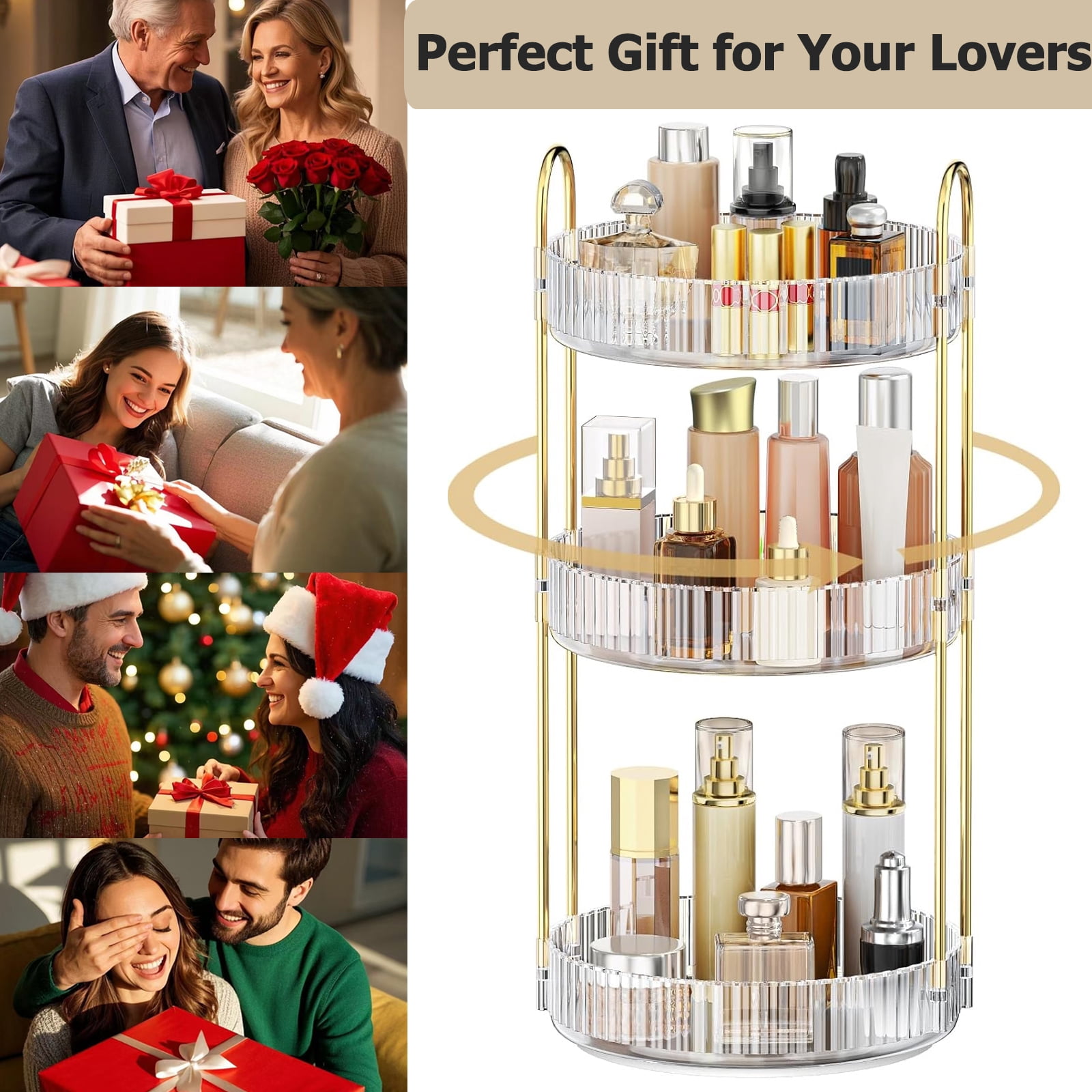 Kisportee 360° Rotating Makeup Organizer for Vanity, 3 Tier Large Skincare Make Up Storage Perfume Organizers for Bathroom Counter, Clear Cosmetic Dresser Lipstick Spinning Holder
