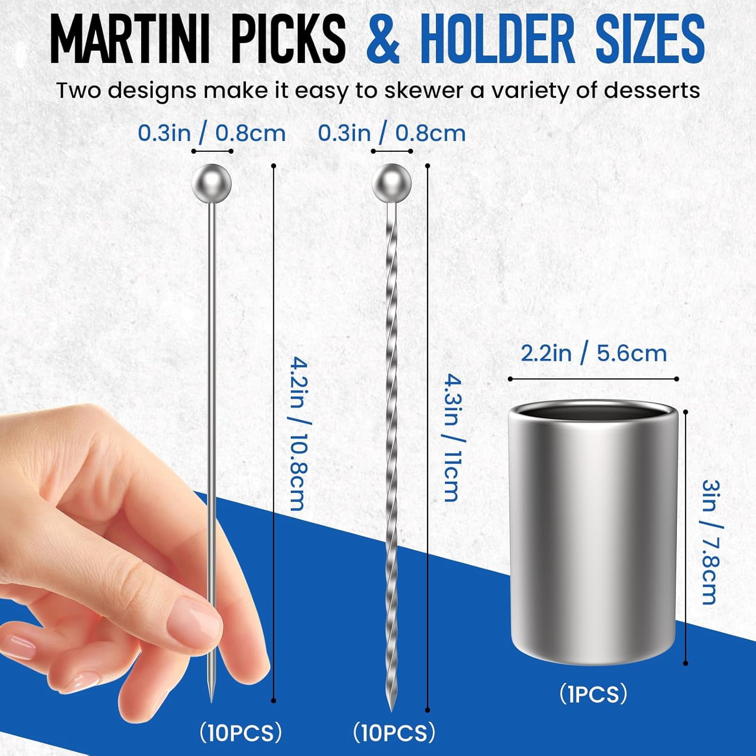 20 Pcs 4.3 Inch Metal Martini Picks with Holder Kit, 2 Types Stainless Steel Cocktail Toothpicks, Reusable Skewers for Olives Appetizers Fruit (Smooth & Threaded)