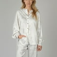 thumbnail image 6 of Lounge Women's Toile Print Button Up Pajama Set with Long Sleeve Top and Elastic Waist Drawstring Pants - Large, White, 6 of 7