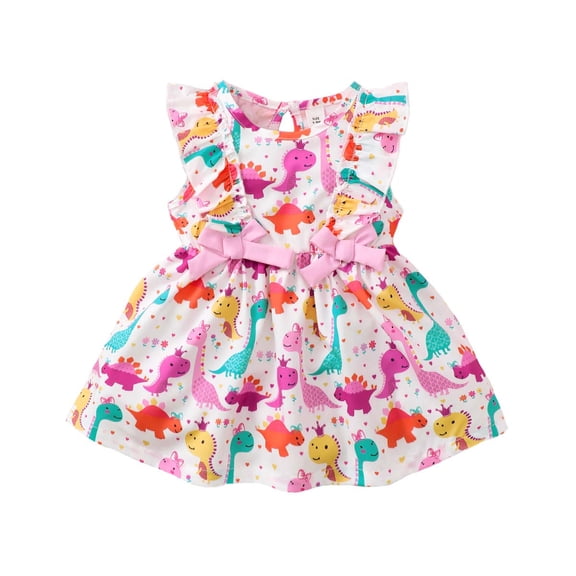 Kucnuzki Infant Baby Girl Clothes 12 Months Summer Dress 18 Months Fly Sleeve Little Dino Prints Dress Sleeveless Drees Multi-color