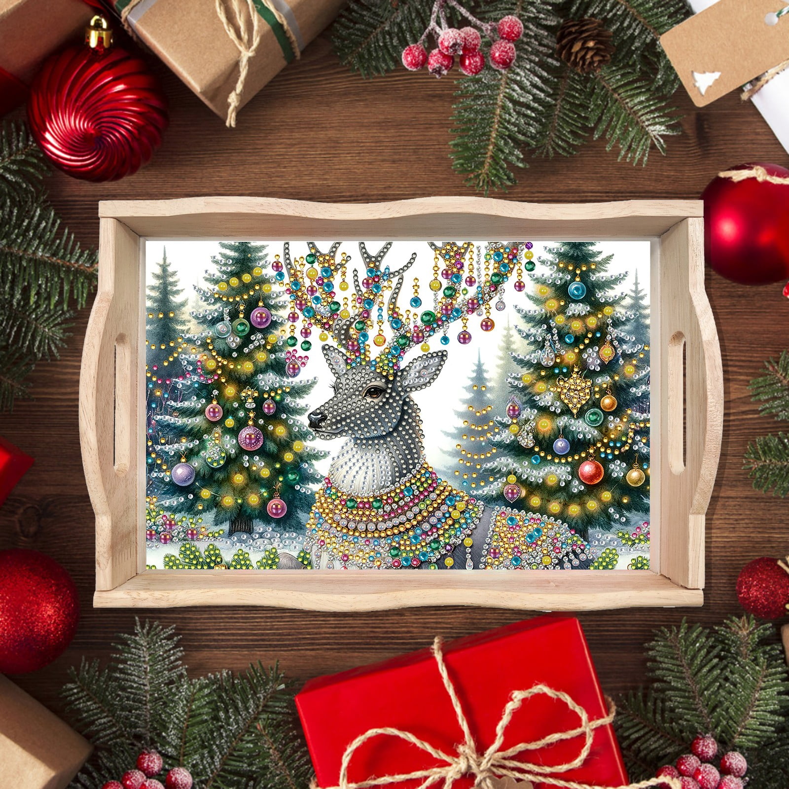 FLOPESN DIY Diamond Art Painting Handmade Wooden Tray,Creative Design Serving Dinner Plate for Coffee Living Room Home Organizer-Christmas Elk