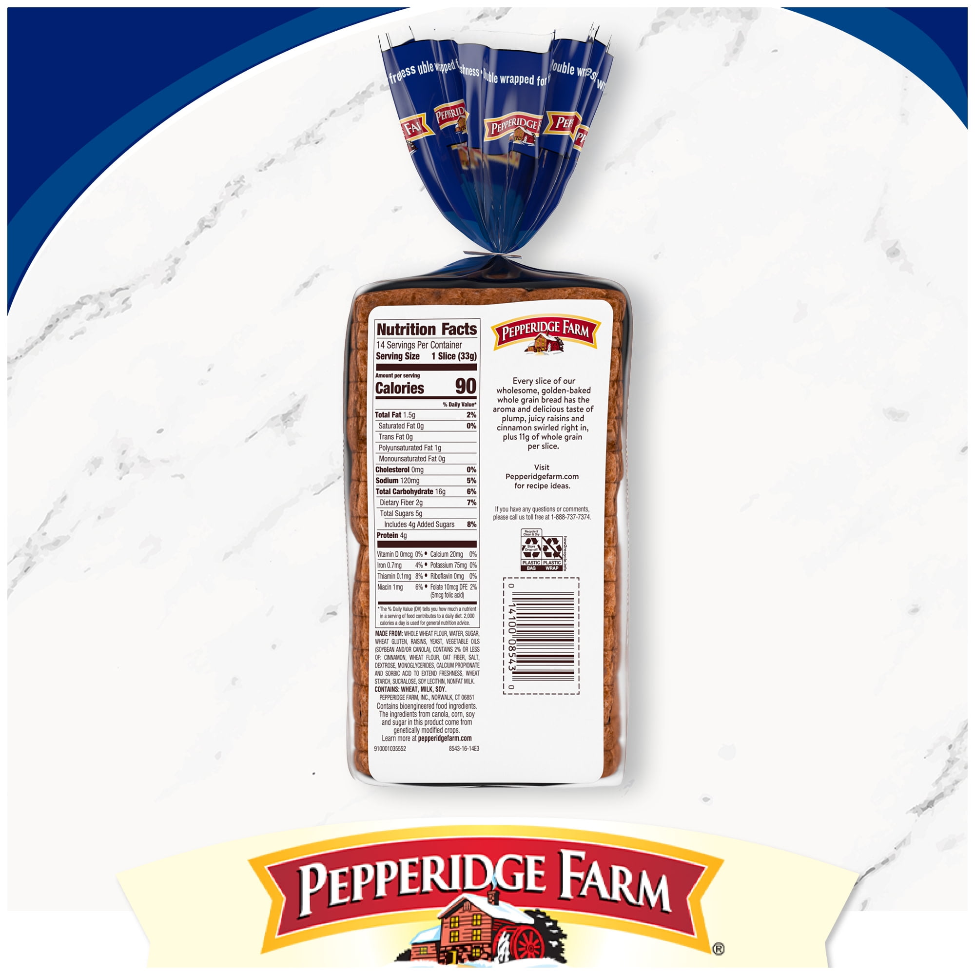 Pepperidge Farm Swirl 100% Whole Wheat Cinnamon with Raisins Breakfast Bread, 16 oz Loaf