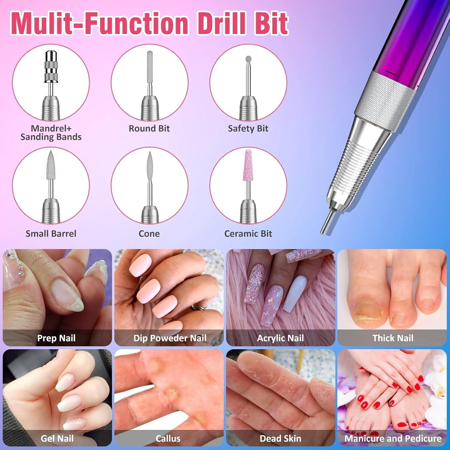 Professional Electric Nail Drill Machine, Gradient Color 35000 RPM Rechargeab...