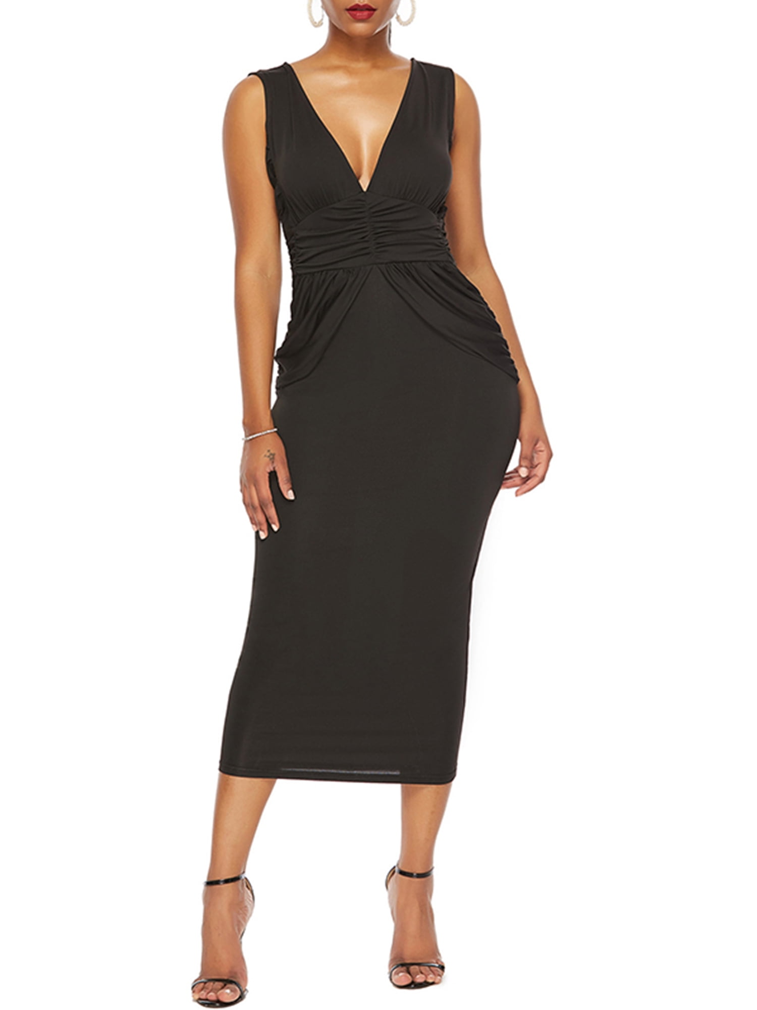 Wodstyle Women's V Neck Sleeveless Sundress Bodycon Stretch High