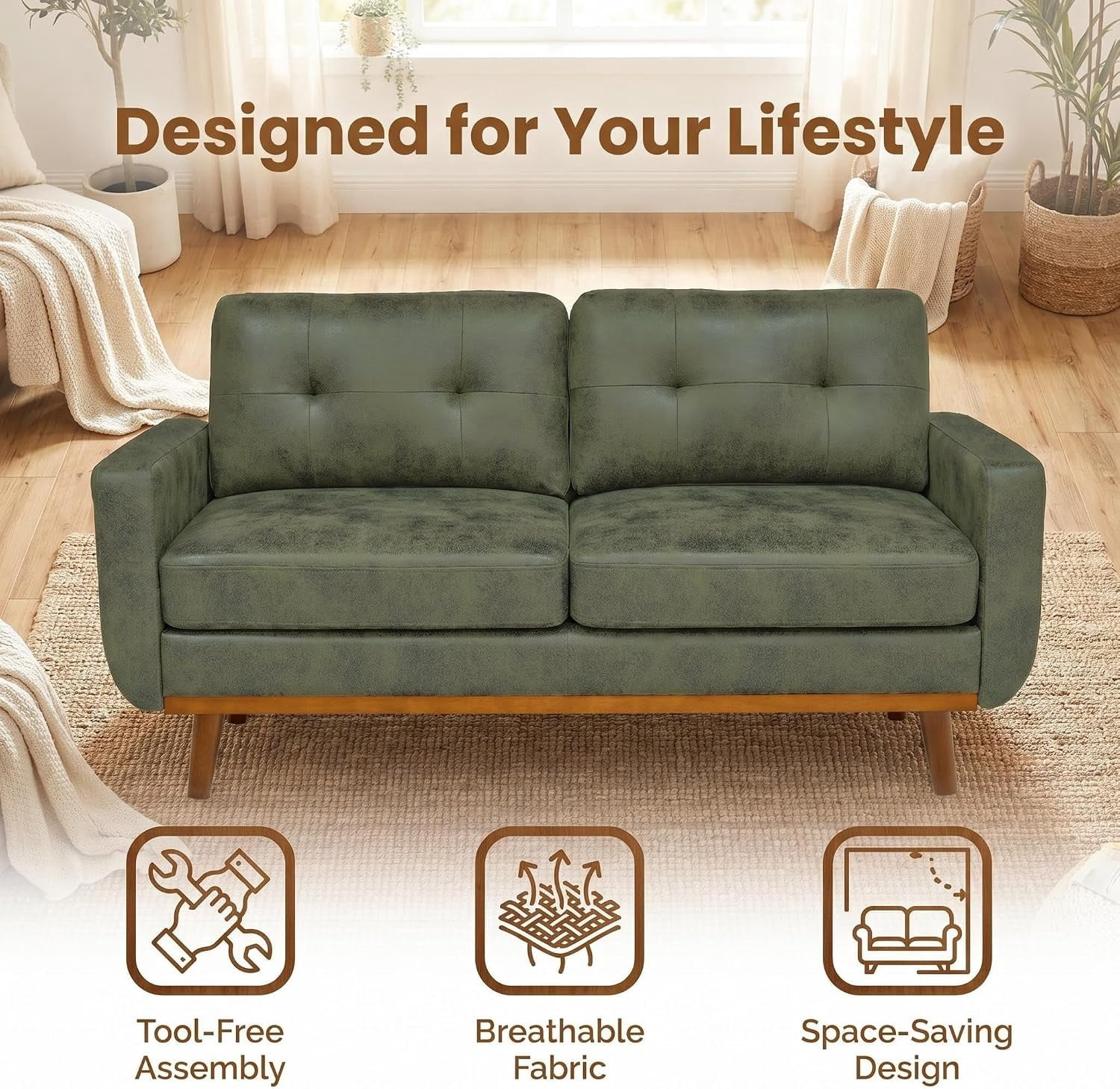 MOONMISS 65" Loveseat Couch, Modern Small Sofa With Walnut Wood Legs 2-seater Fabric Upholstered Mini Sofa Couches For Small Space,living Room Bedroom Office Dorm Apartment,Olive