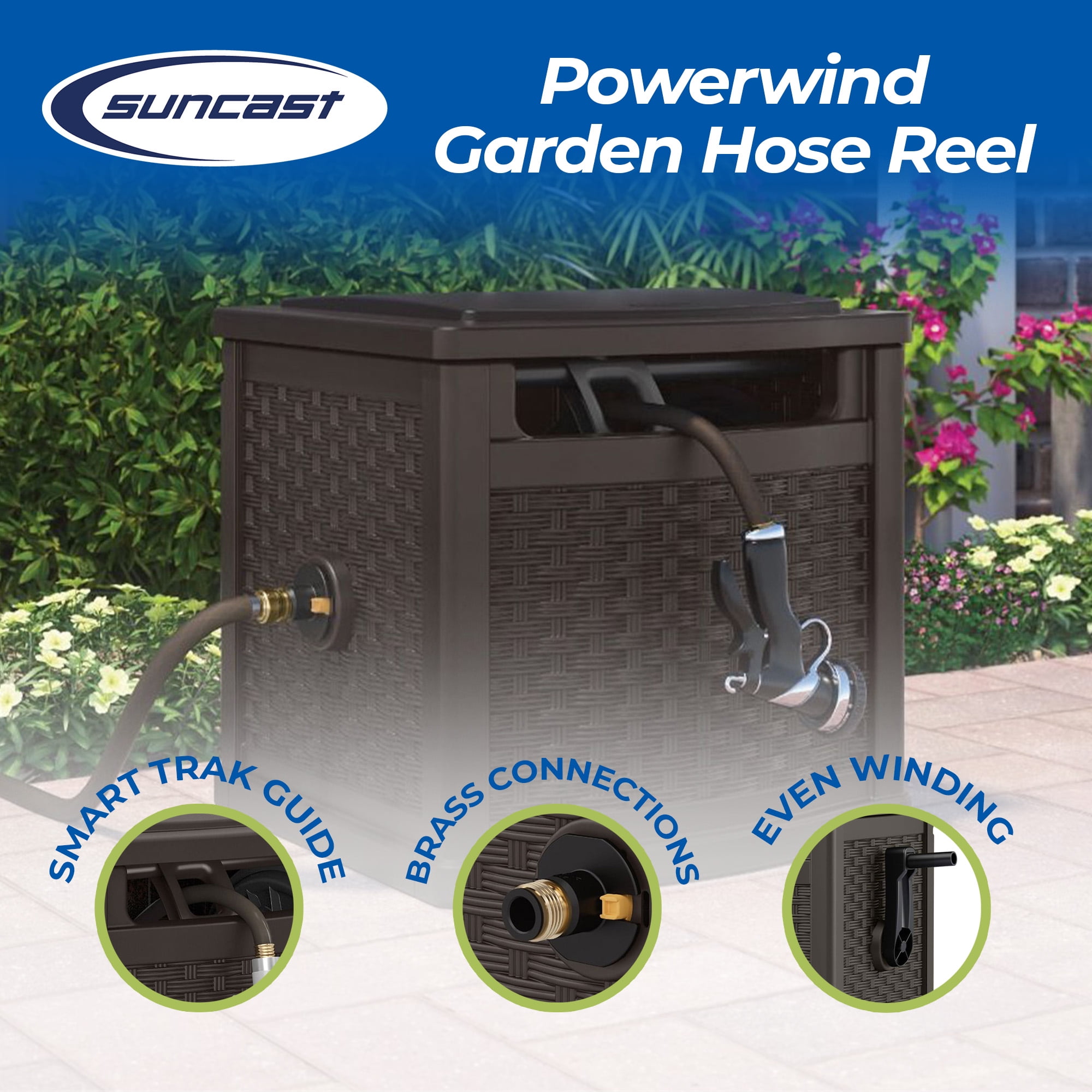 Suncast 150 Foot Slide Trak Outdoor Garden Water Hose Hideaway, Java