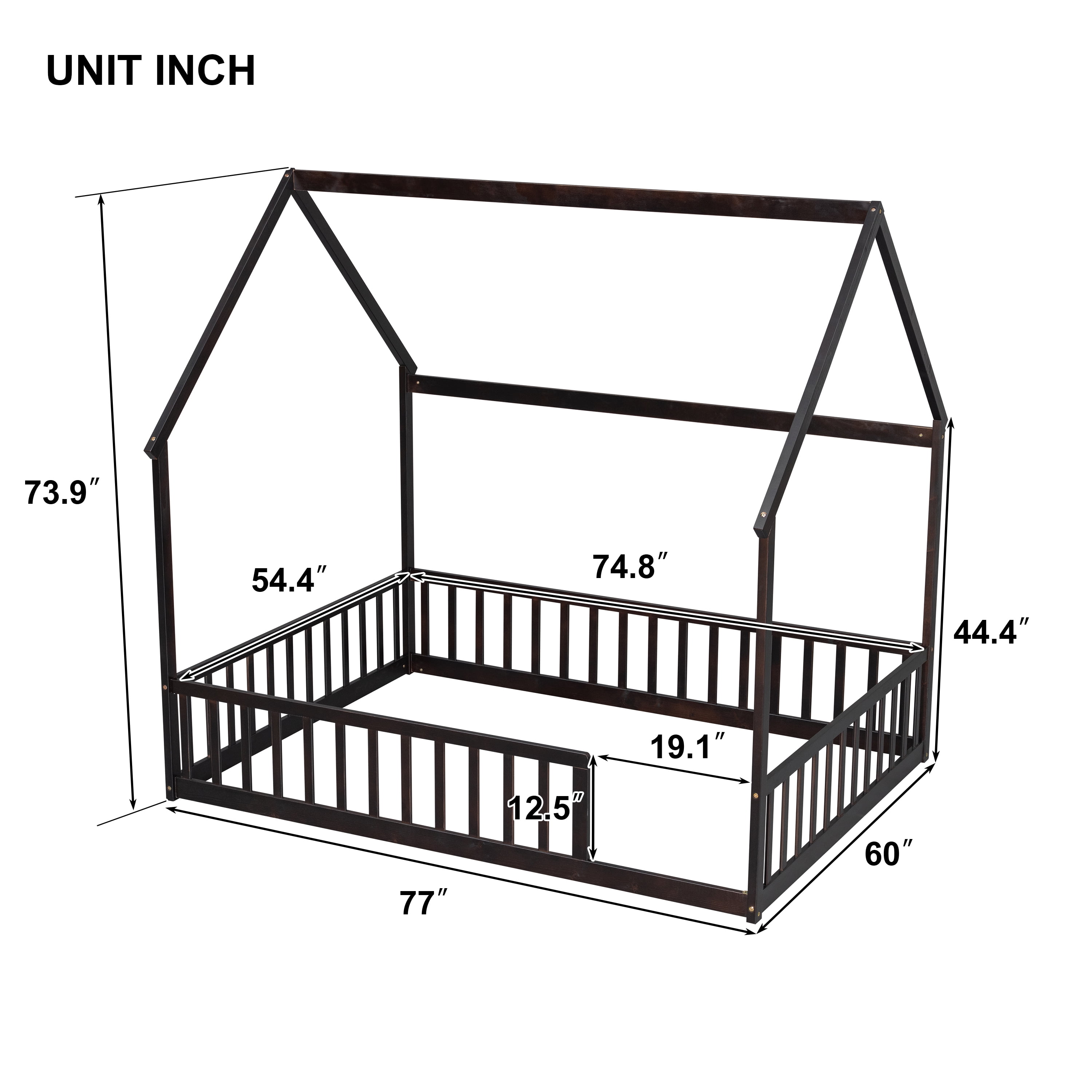 Miniyam Full Size Kids House Floor Bed with Fence, Wood Montessori Bed Frame, Espresso