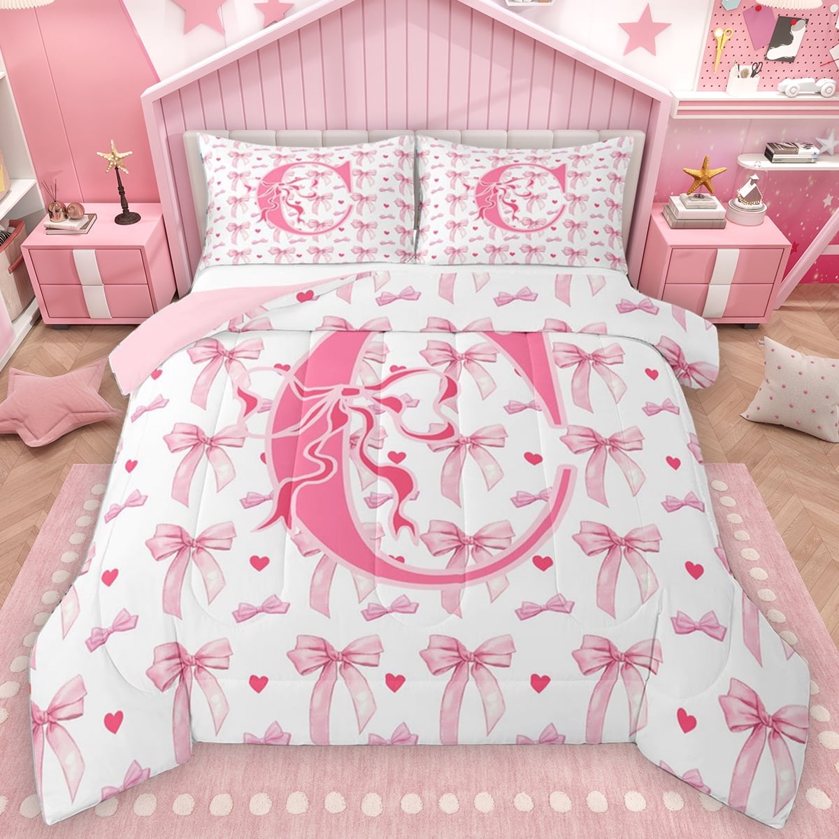 Homewish Girls Personalized Gifts Bedding Comforter Set Pink Letter C Twin Comforter Sets Ribbon Bowtie Bowknot Bedding Set For Princess Lightweight Room Decoration Reversible 2-Piece