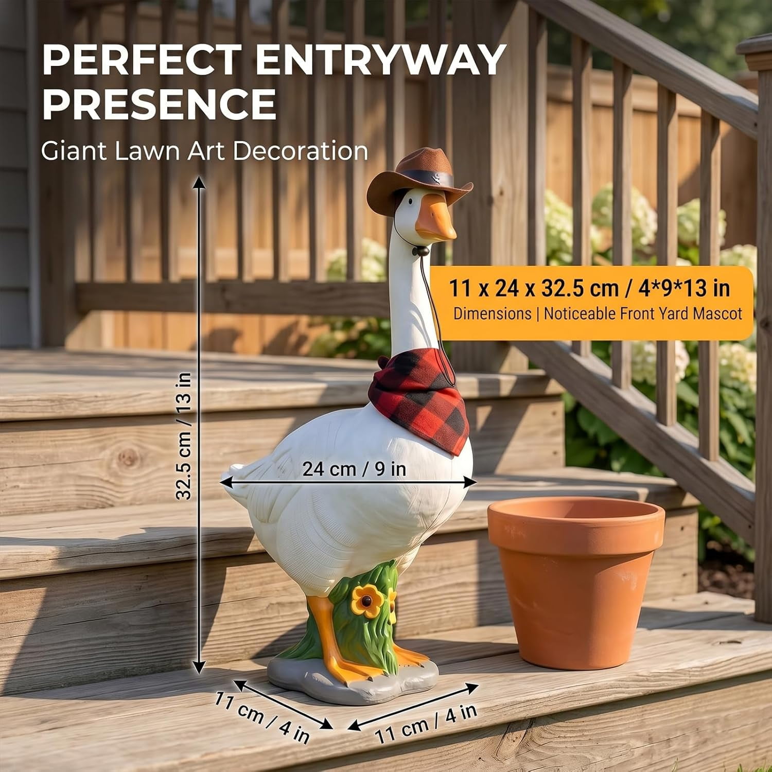 13in Cement Porch Goose, Adjustable Large Realistic Waterfowl Sculpture, Tall White Geese Figures for Backyard, Giant Lawn Art Accessories, Classic House Entryway Decorations, Farmhouse Gift