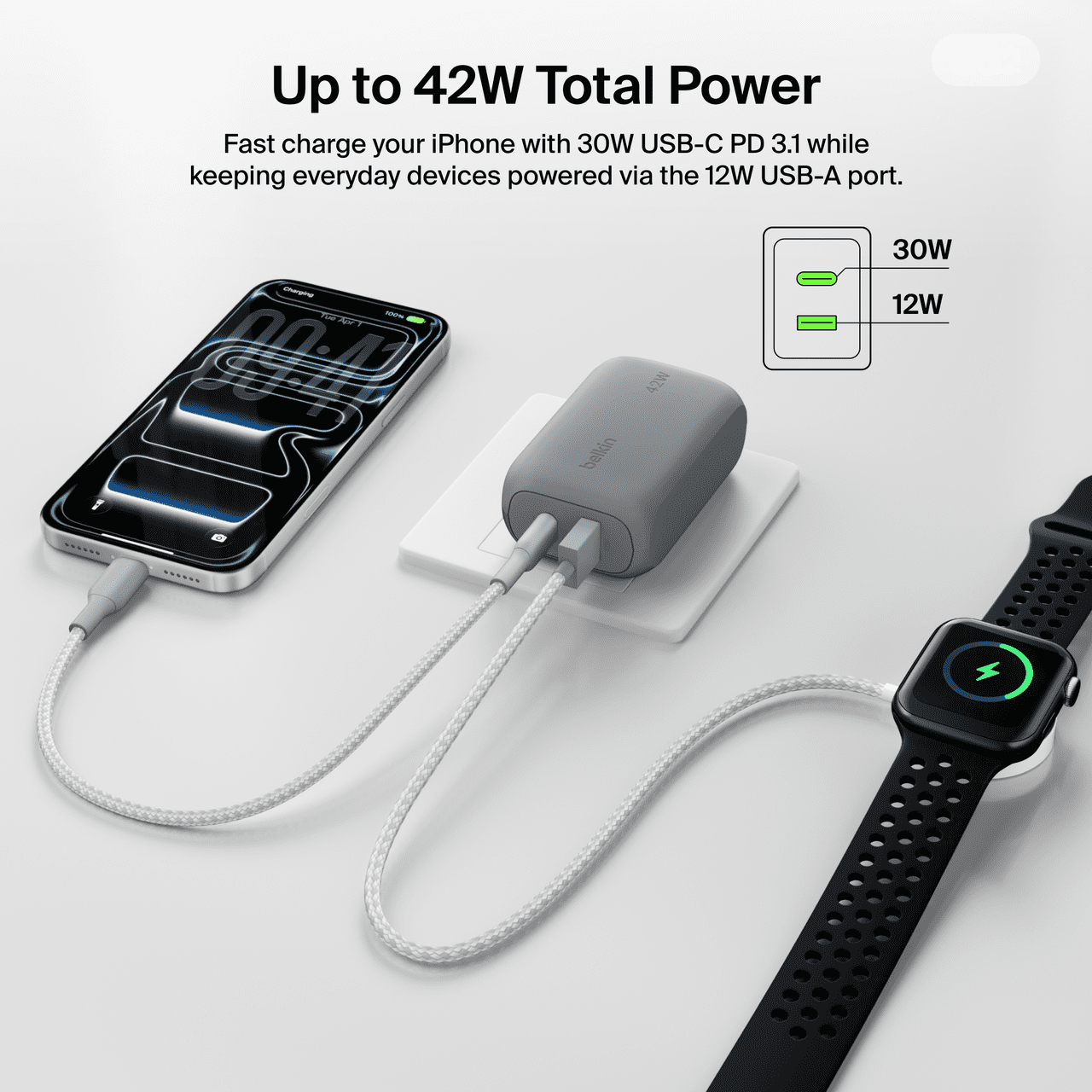 Belkin BoostCharge 42W Dual Port Wall Charger, USB-C and USB-A, USB PD with PPS, Includes 5 ft USB-C to Lightning Cable, Silver