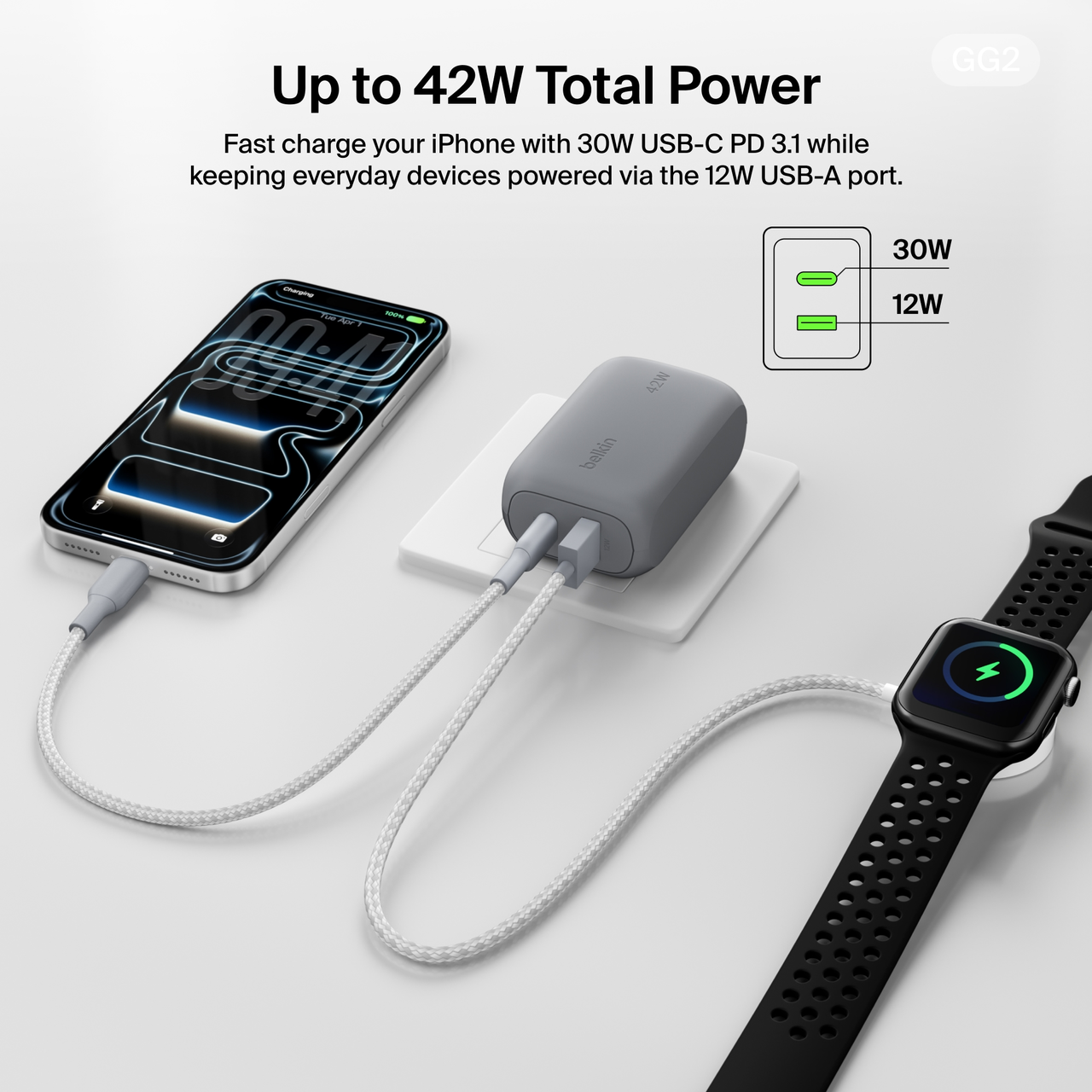 Belkin BoostCharge 42W Dual-Port USB Wall Charger, Silver photo 3