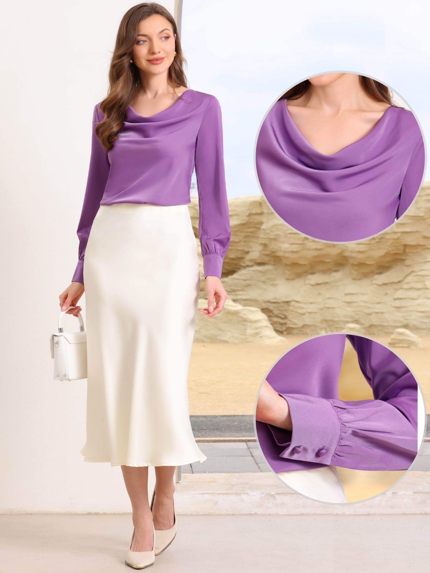 DARING DIVA Women's Elegant Work Shirts Cowl Neck Satin Blouses Shirt S Purple