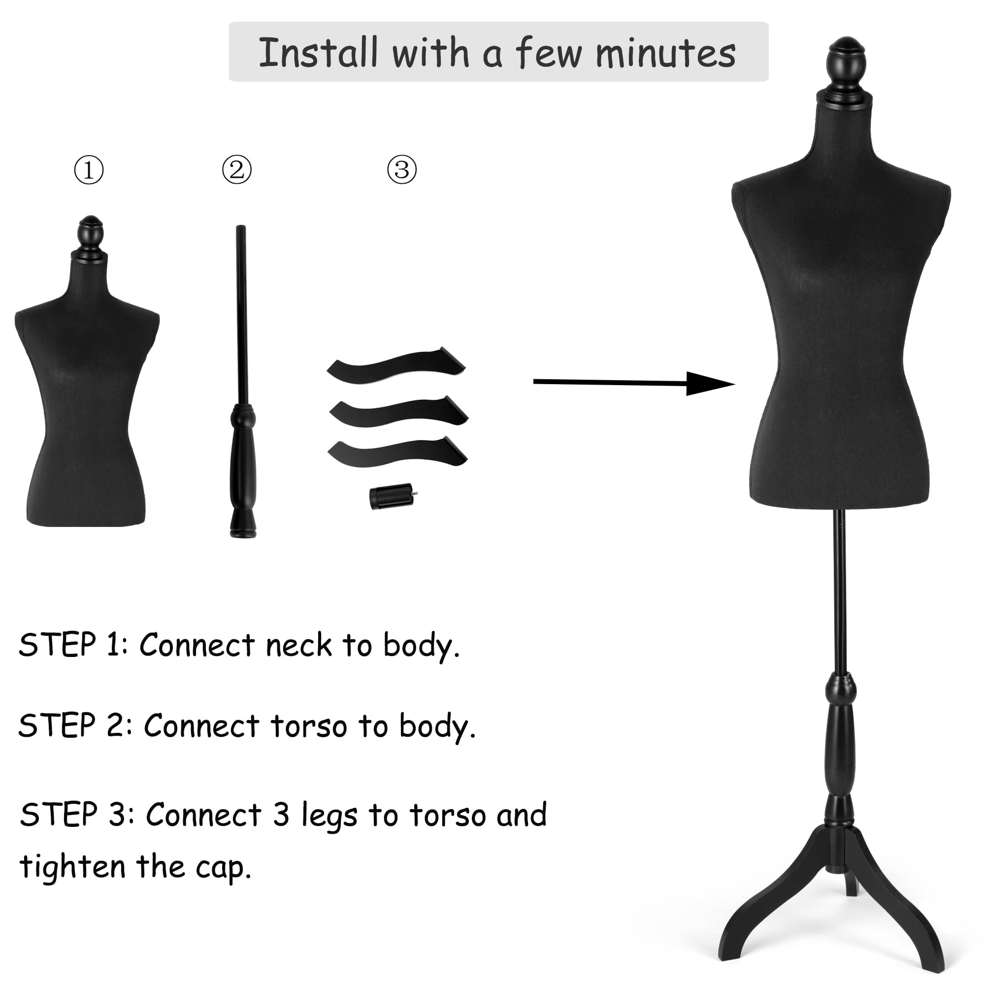 Black Female Dress Form Torso Mannequin Tripod Stand Dress Jewelry Display