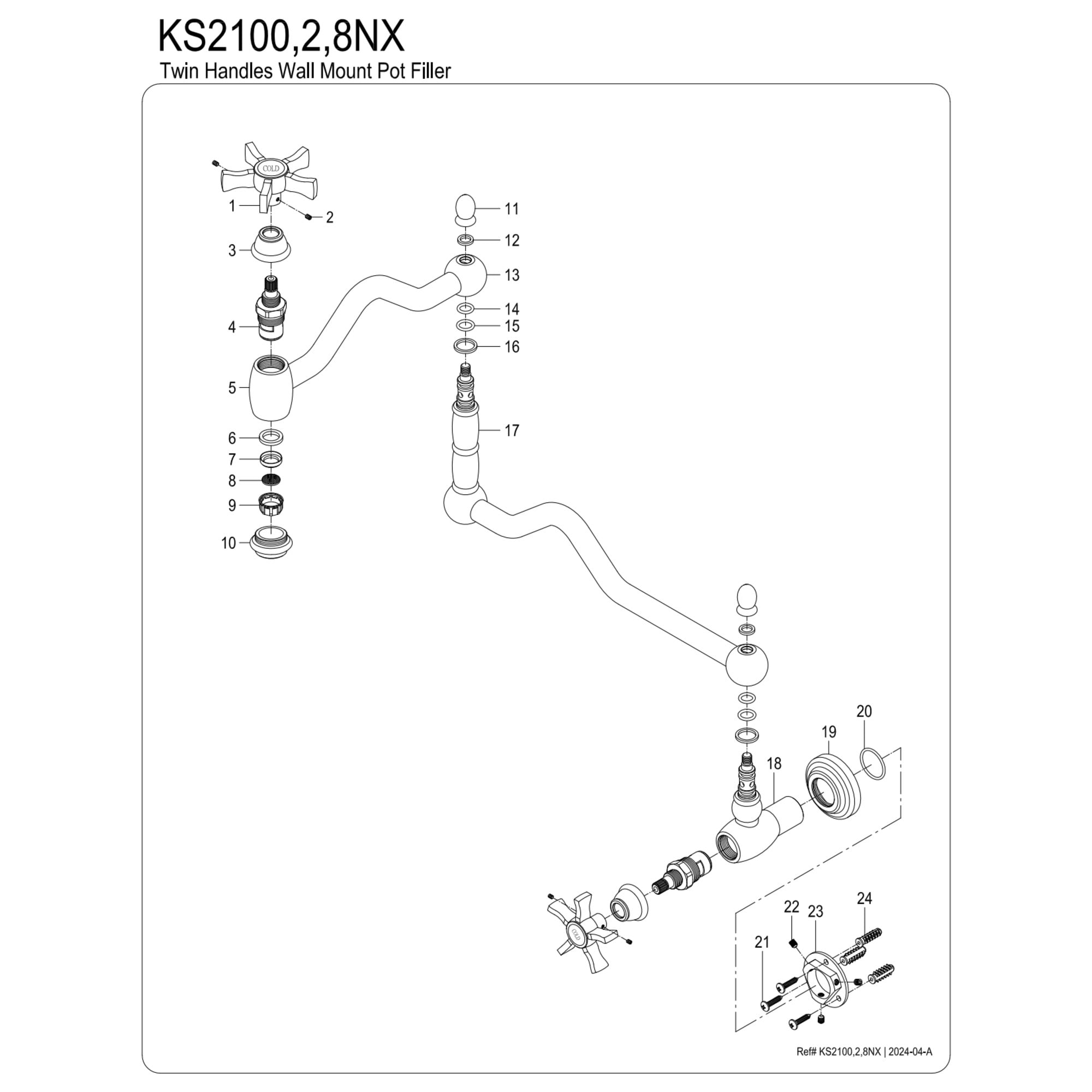 Kingston Brass KS2100NX Hamilton Two-Handle 1-Hole Wall Mount Pot Filler Faucet in Matte Black