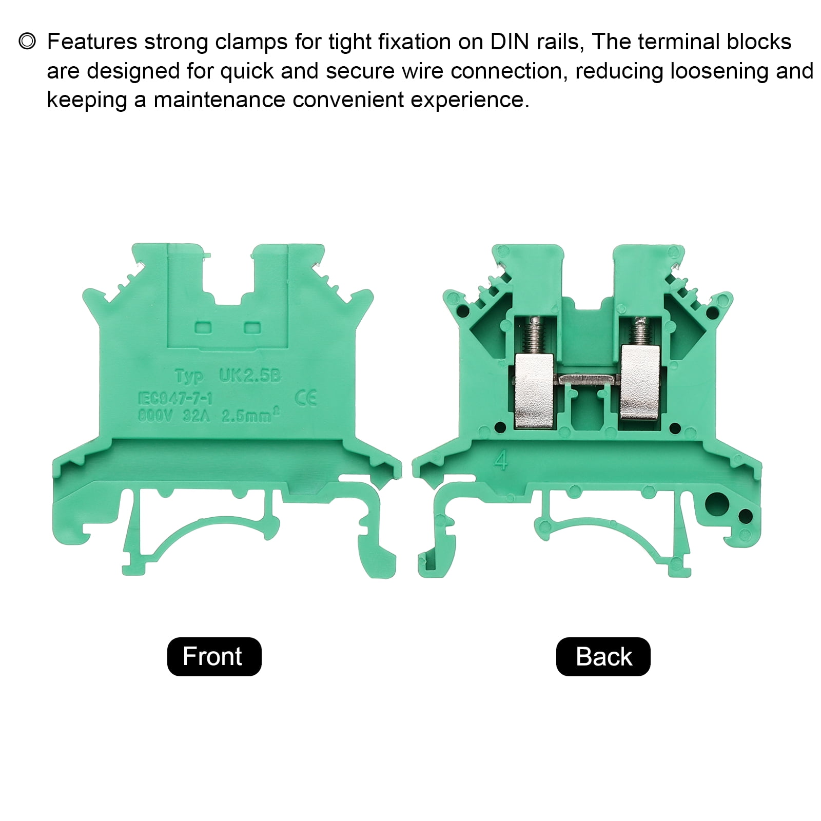 Uxcell Terminal Blocks 100 Pack UK-2.5B Rail Mount Fuse Holder Screw Terminal Block Wire End Bracket Stopper Din Rail Screw for DIY Electronic Circuits Machine Appliances, Green