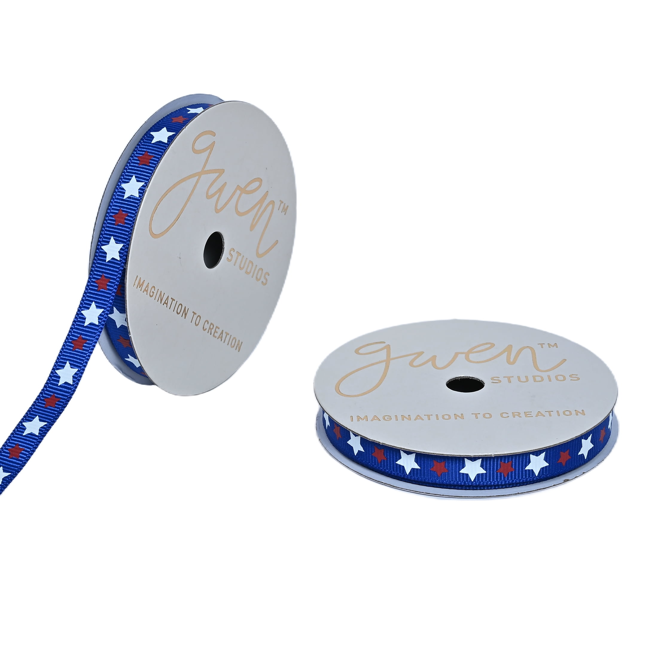 Gwen Studios 3/8" Red & White Stars on Blue Grosgrain Ribbon, 3 yards
