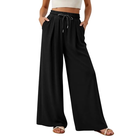 GIPQJK Womens Wide Leg Palazzo Pants Elastic High Waist Lounge Loose Long Trousers Tie Knot Cropped Summer Pants with Pockets Black L