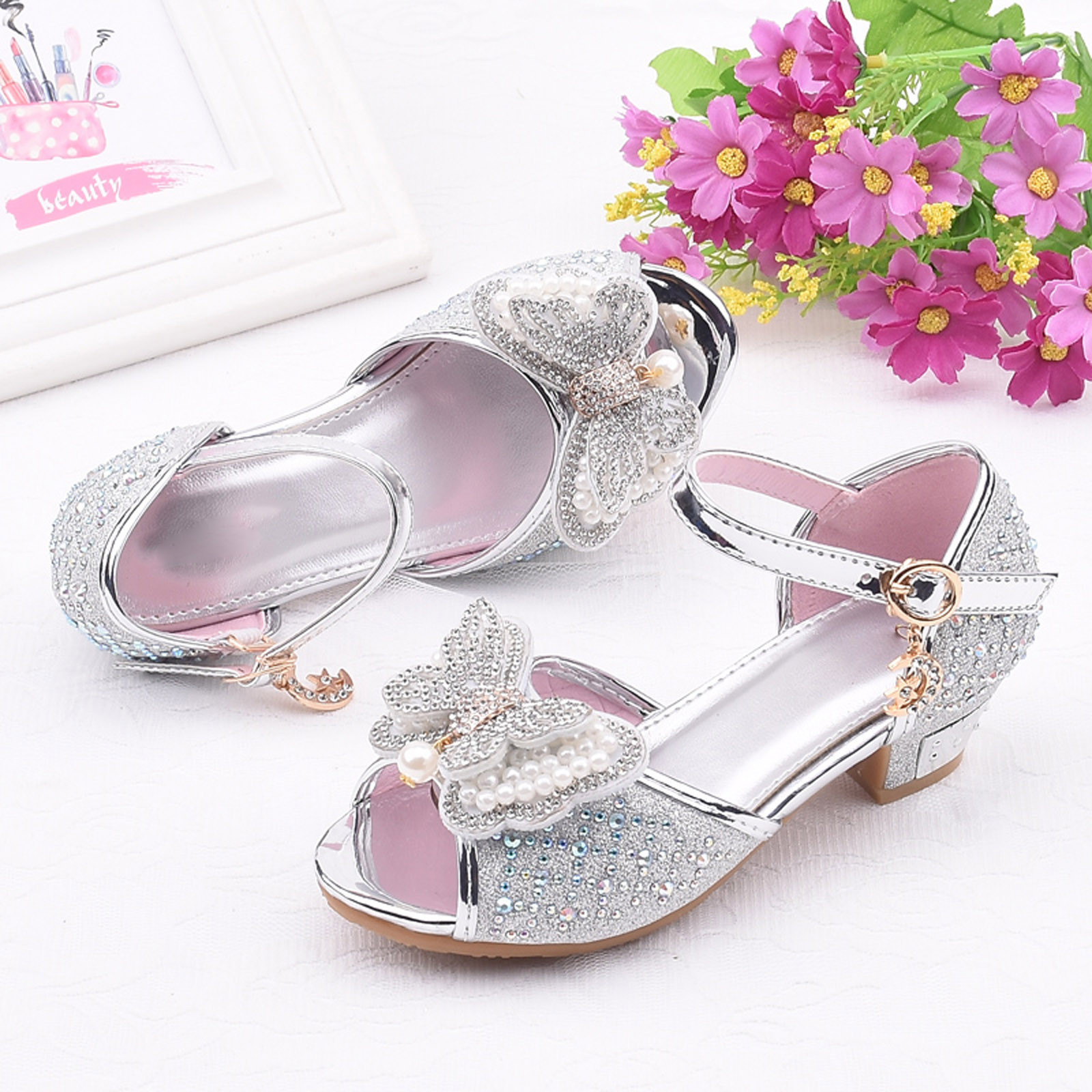 Aofany Girls Princess Glitter Low Heel Sandals Sweet Bow Dress Up Shoes ...