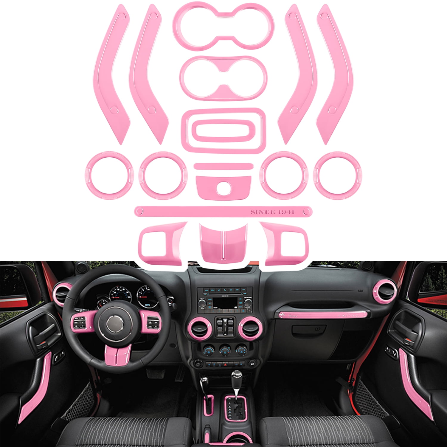 18 PCS Full Set Interior Decoration Trim Kit Steering Wheel Center Console  Door Handle Air Conditioning Vent Cup Holder Gear Cover Trim for Jeep  Wrangler JK JKU 2011-2018 4-Door (Pink)