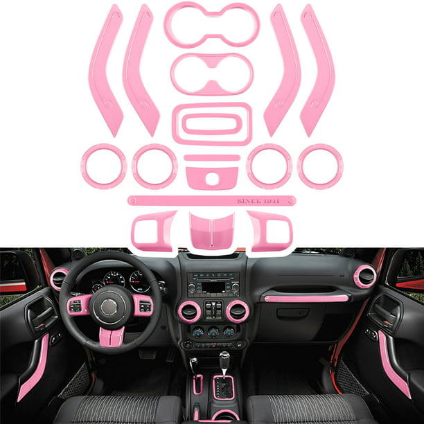 18 PCS Full Set Interior Decoration Trim Kit Steering Wheel Center Console  Door Handle Air Conditioning Vent Cup Holder Gear Cover Trim for Jeep  Wrangler JK JKU 2011-2018 4-Door (Pink) 