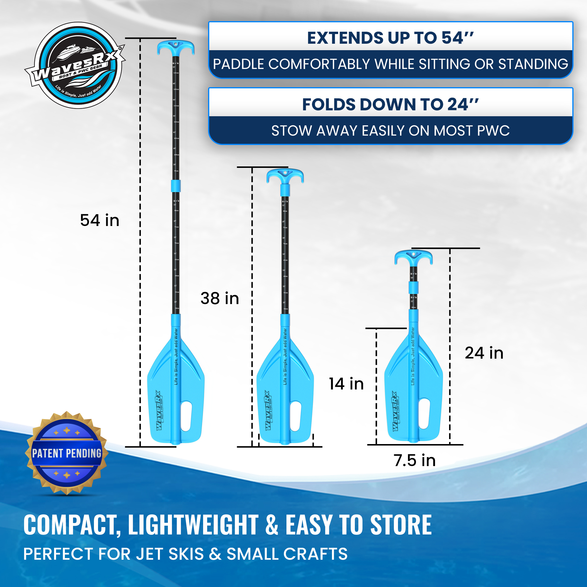 WAVESRX Telescoping Paddle with Docking Hook & Depth Gauge - Adjustable 24" to 54" Collapsible Emergency Oar for Jet Ski, Boat, PWC, Kayak, Canoe, Inflatable Dinghy- Must Have Boating Accessories