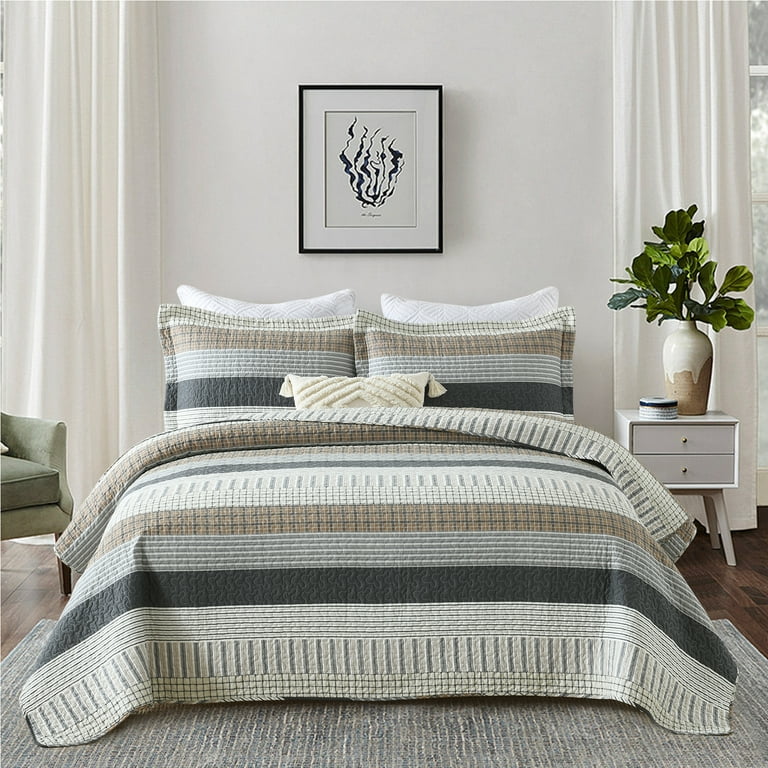 PANGUSHAN 100% Cotton King Quilt Set, Farmhouse Patchwork King Size Quilt  Bedding Set Bedspreads, Reversible Quilted Lightweight Comforter,
