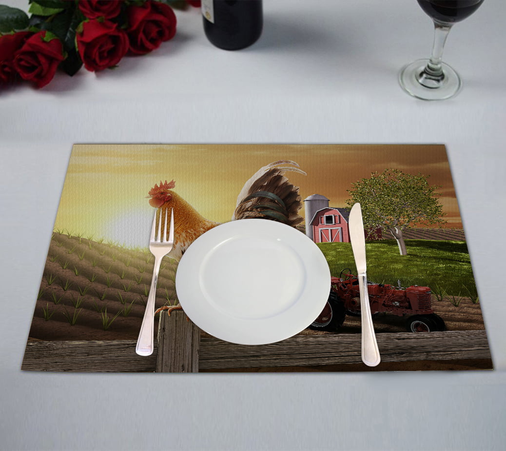 Set of 4 Dining Mats Happy Little Milk Cow Farm Animal Placemat Set Stain Resistant Washable Dinner Placemats for Indoor Or Outdoor Hotel Family Banquet Place Mats Indoor