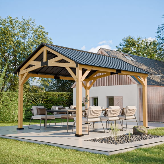 COOS BAY 11x13 Hardtop Wood Patio Gazebo with Cedar Wood Frame and Galvanized Steel Gable Roof, Outdoor Permanent Gazebo Pavilion, Black