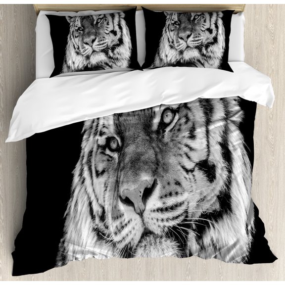 Tiger Duvet Cover Set, Close-up Photo of a Wild Feline Beast with an Intense Gaze Strength of a Hunter, Decorative 3 Piece Bedding Set with 2 Pillow Shams, Calking Size, Pale Grey Black, by Ambesonne