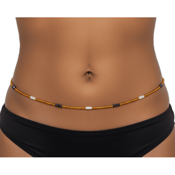 Waist Beads, 44-Inch Gold Glass Belly Beads with Glow-in-the-Dark and Purple Crystal Accents, Cotton Tie-on Strand