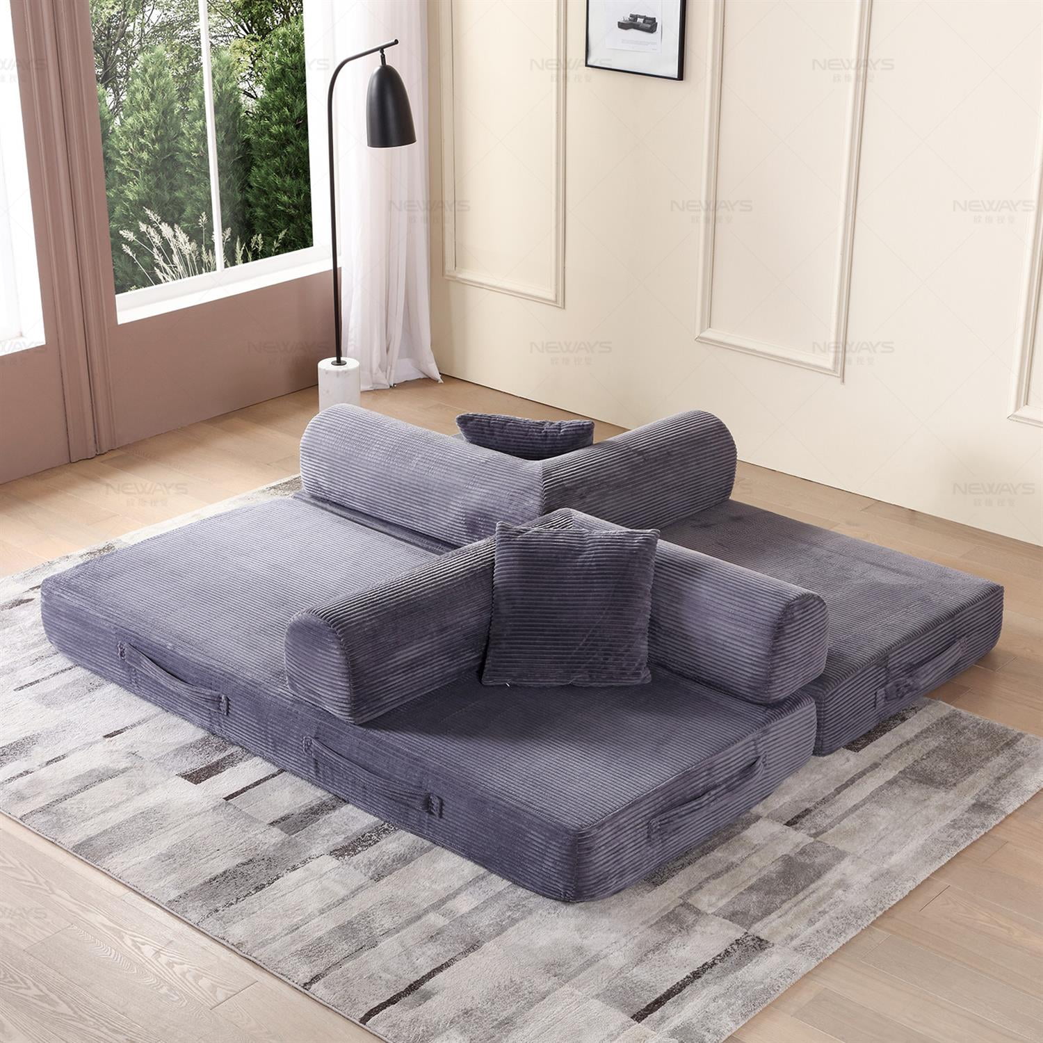 Demi Bonn 77" Convertible Sleeper Sofa Bed, Corduroy Foldable Mattress Couch with Cylindrical Pillow & Fixed Frame for Living Room, Bedroom, Gray