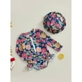 thumbnail image 3 of Suealasg Kids Girl One Piece Swimsuits Toddler Girl Long Sleeve Floral Print Rash Guard Swimwear + Sun Hat Baby Girl Summer Bathing Suit Beachwear 0-3 Years, 3 of 9