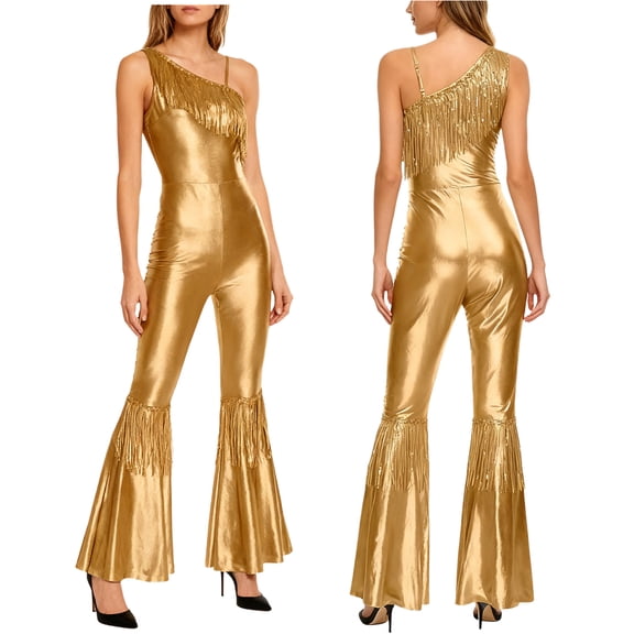 iiniim Womens 70s 80s Rave Bodysuit Sequins Disco Bell Bottom Long Pants Jumpsuit Halloween Light Gold S