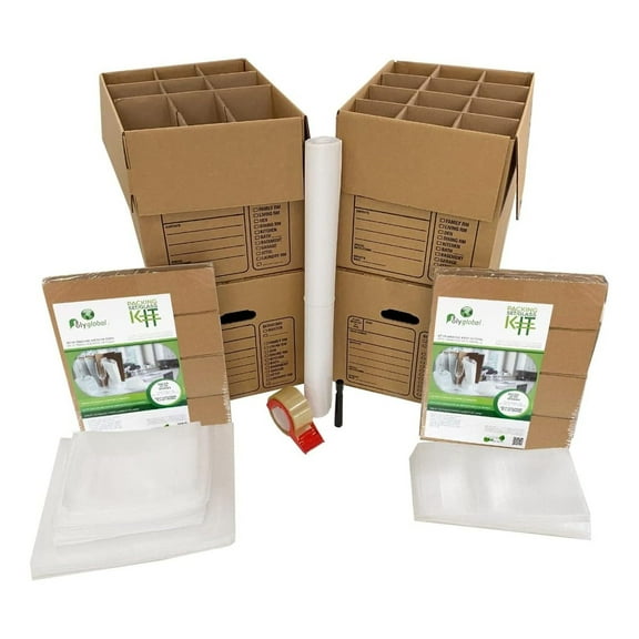 Kitchen Moving Box & Supplies Kit #1 4 Boxes with Dish/Glass Inserts Brown